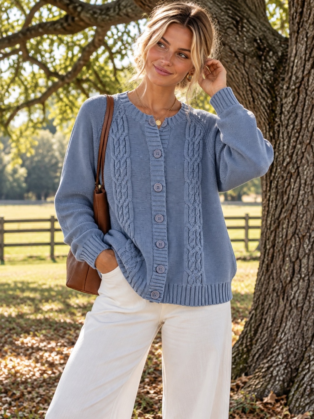 Westbound Slate Blue Cable Knit Button Down Cardigan- Large